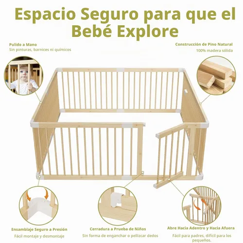 Vista 8 de Corralito grande de madera para bebés, puerta ajustable para niños pequeños y bebés, valla resistente, patio de juegos para bebés con puerta, área