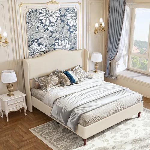 Vista 4 de koorlian Marco de Cama Tamaño Completo Cama Plataforma Tapizada con Cabecera Alta de 51" Wingback, Tela Suave, Estilo Retro Simple Cama Plataforma