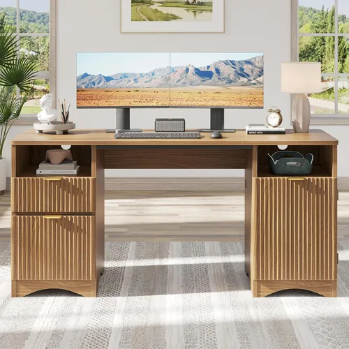 Vista 9 de Bestier Escritorio para computadora con cajón, escritorio de oficina de 47 pulgadas con armario de almacenamiento, escritorio de madera moderno
