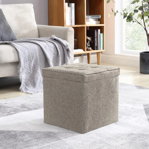 Vista 5 de Ornavo Home Taburete otomano de almacenamiento cuadrado de lino, plegable, con cubo, reposapiés, con tapa de mesa, mesa auxiliar, otomana, 15 x 15 x
