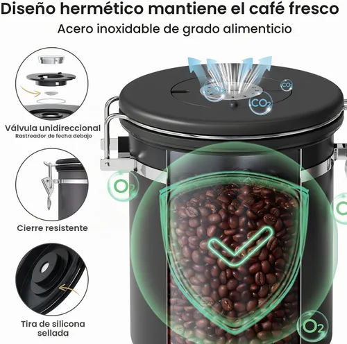 Vista 4 de Veken Recipiente de café con ventana, recipiente hermético de almacenamiento de alimentos de cocina de acero inoxidable con tapas, rastreador