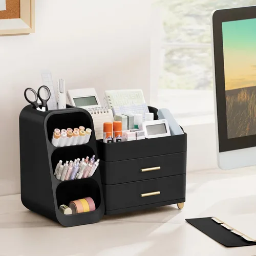 Vista 7 de HBlife Organizador de escritorio con soporte para lápices para escritorio, organizador de bolígrafos con 2 cajones, organizadores de escritorio