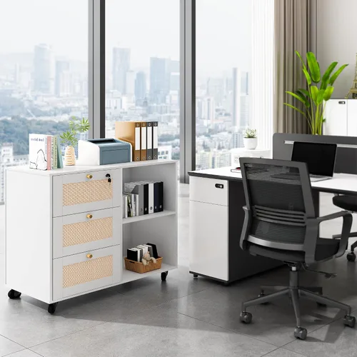 Vista 5 de AWQM Archivador de madera con cerradura, gabinete de almacenamiento de oficina móvil de 3 cajones con 2 estantes abiertos, soporte de impresora
