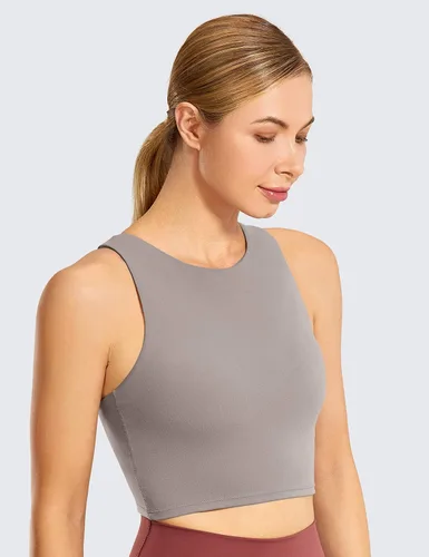 Vista 2 de CRZ YOGA Sujetador deportivo de cuello redondo alto para mujer, brasier de yoga con relleno y espalda cruzada camiseta corta sin mangas con brasier