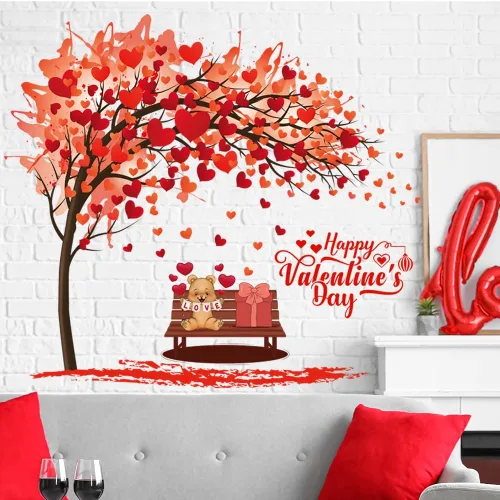 Vista 3 de Adhesivo de pared para el día de San Valentín, diseño de árbol de corazón con corazones rojos en 3D, calcomanías de pared para despegar y pegar