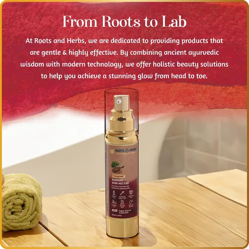 Vista 7 de ROOTS AND HERBS Tratamiento natural de néctar ayurvédico para la piel, 100% para piel hidratada y brillante, suero alimenticio vegano de fenogreco