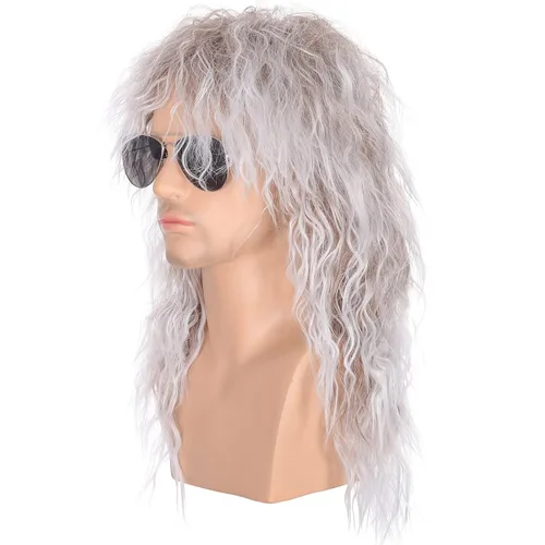 Vista 2 de morvally Pelucas de estilo de los años 80 para hombre, cabello sintético largo y rizado color marrón degradado plateado, metal pesado, peluca