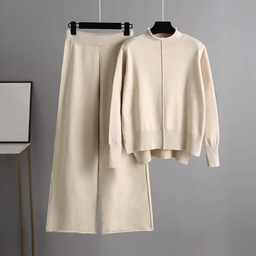 Vista 2 de Trajes de algodón para mujer, conjunto de punto para otoño e invierno, suéter de cuello alto, pantalones largos elegantes