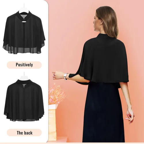 Vista 3 de RainFlowwer Chales y envolturas de gasa suave para mujer, cárdigan de manga corta transparente con frente abierto para vestido de noche, Negro