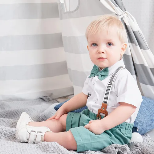 Vista 3 de Conjunto de traje de caballero de manga corta para bebé niño con corbatín + pantalones cortos con tirantes y pantalones cortos para bautizo festivo
