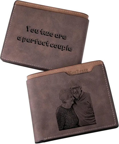 Vista 14 de INBLUE Billetera plegable grabada personalizada, cartera de cuero personalizada con foto y texto grabado, regalos para hombres, marido, papá, hijo