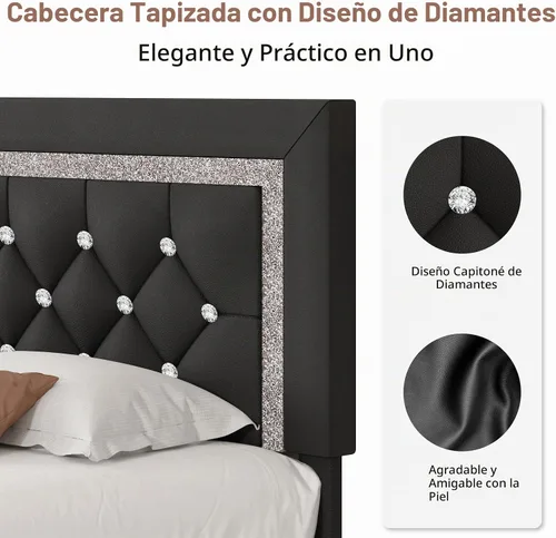 Vista 3 de BarnFurin Marco de Cama Individual con Cabecera Acolchada con Botones, Marco de Cama Plataforma Tapizada con Diseño de Diamante, Soporte de Listones