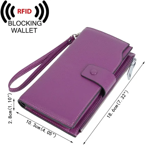Vista 2 de YALUXE Cartera de piel auténtica para mujer, con bloqueo RFID, tarjetero múltiple con bolsillo para teléfono celular