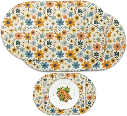 Vista 47 de Blue Flower Dining Table Mats Set of 2 Hummingbird Heat Resistant Placemats Washable and Wipeable Non Slip Place Mat, Waterproof Modern Dining Table