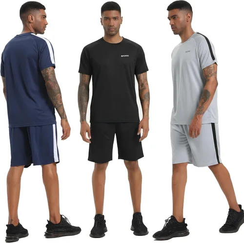 Vista 2 de RPOVIG Conjunto de entrenamiento de camisas, pantalones cortos paquete de 3 unidades de ropa para hombre, conjunto corto, gimnasio, atletismo