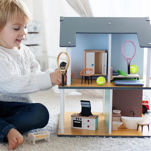 Vista 8 de Kisangel 2 juegos de mini raquetas de tenis y bolas, kit deportivo de casa de muñecas en miniatura a escala 1:12, decoraciones realistas