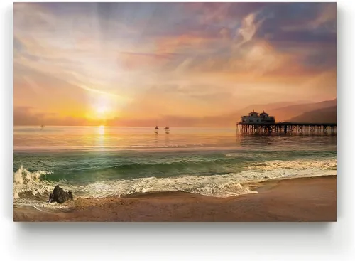 Vista 5 de Renditions Gallery - Impresiones de arte natural en lienzo, puesta de sol vespertina en playa de arena tranquila, obra de arte para colgar