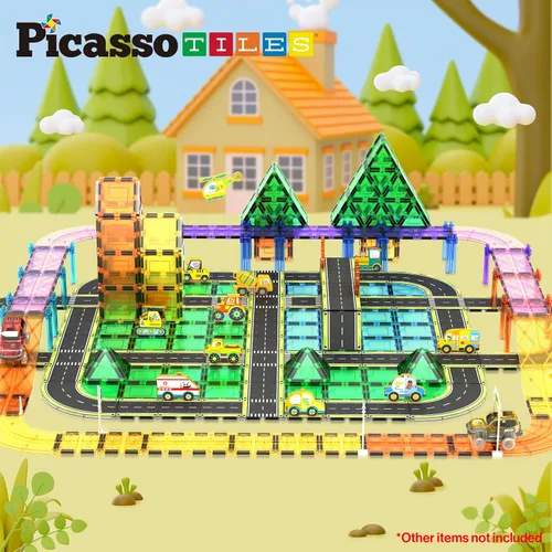 Vista 2 de PicassoTiles Azulejos Magnéticos de Construcción Pista de Autos Vehículo Magnético Tema de Aventura Calle Impresa Carretera Pista Autopista Bloque