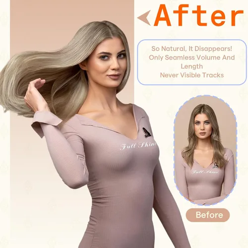 Vista 77 de Full Shine - Extensiones de cabello humano con cinta, mezcla de rubio hongo # 8 castaño ceniza resaltado 60 rubio ceniza