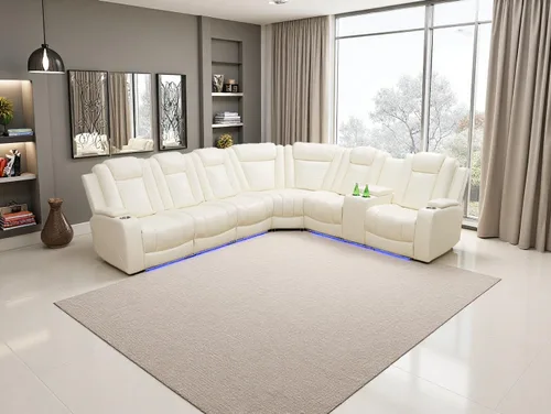 Vista 23 de Juego de sofá de cuero transpirable con puerto USB, 5 sofás seccionales reclinables en forma de L y 2 sillas, juego de sofá seccional reclinable