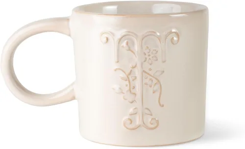 Vista 10 de Fringe Studio Taza Redonda de Gres, Monograma Floral Letra "E" 3.38" DIA. X 3.5"H, 14 fl.oz., con Asa Dorada Pintada a Mano (428047)