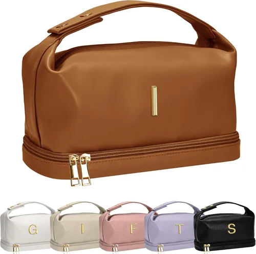 Vista 21 de Bolsa de maquillaje con asa, bolsa de cosméticos impermeable de doble capa, bolsas de maquillaje de cuero PU de gran capacidad con letra, bolsa
