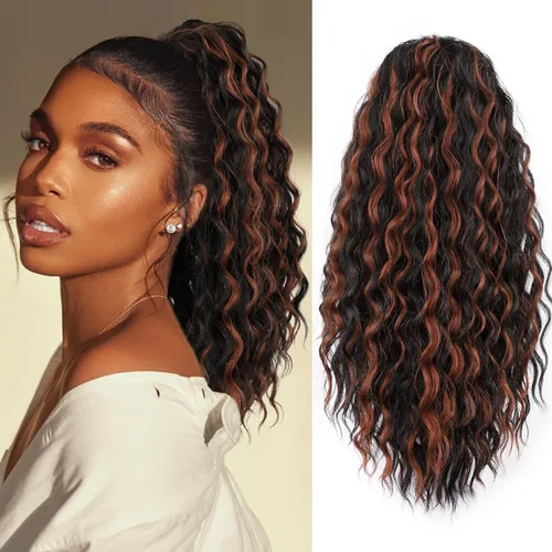Vista 13 de FREEMEIGE Extensión de cola de caballo, cola de caballo rizada ondulada de 8 pulgadas para mujeres negras, corto, suave, natural, sintético, grueso