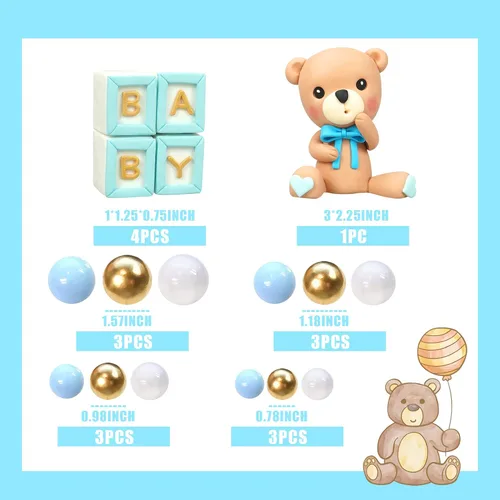 Vista 2 de Decoración para tartas de oso, decoración de pastel de oso con letras azules, esferas doradas y azules y blancas de perlas para suministros