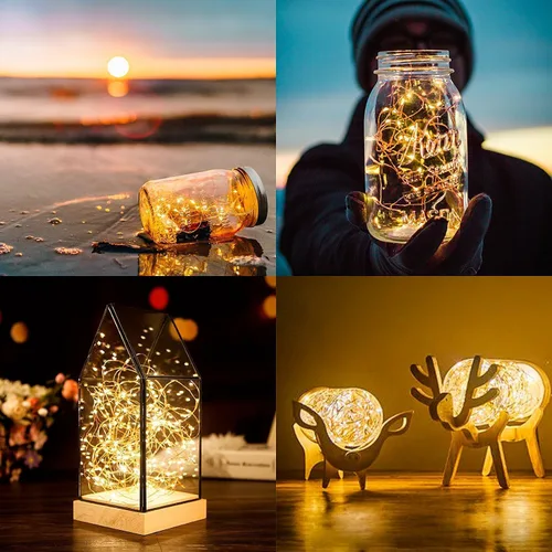 Vista 5 de ANJAYLIA Paquete de 4 luces de hadas de 16.4 pies, 50 luces LED, funciona con pilas, mini luces estrelladas parpadeantes para bodas, fiestas Blanco
