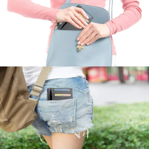 Vista 7 de Slim RFID - Soporte para tarjetas con sistema de bloqueo, billetera de cuero de bolsillo frontal minimalista para mujer