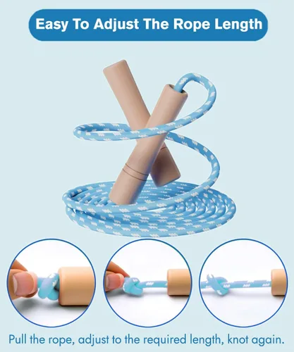 Vista 4 de Cuerda de saltar para niños – Mango de madera – Cuerda de saltar ajustable de algodón trenzado para niños pequeños fitness entrenamiento ejercicio