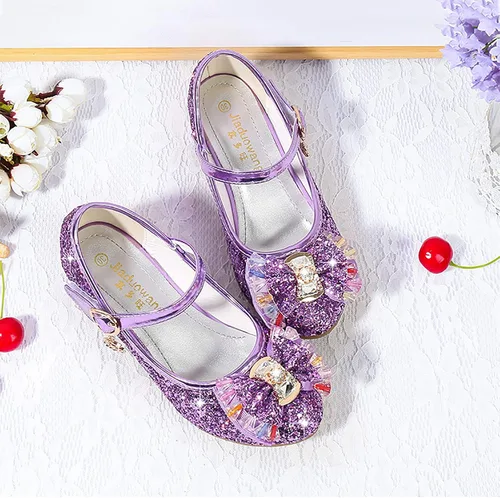 Vista 6 de Zapatos de princesa para niños y niñas, con lentejuelas y diamantes de imitación, zapatos de baile de cristal para niños (morado, 5 años)