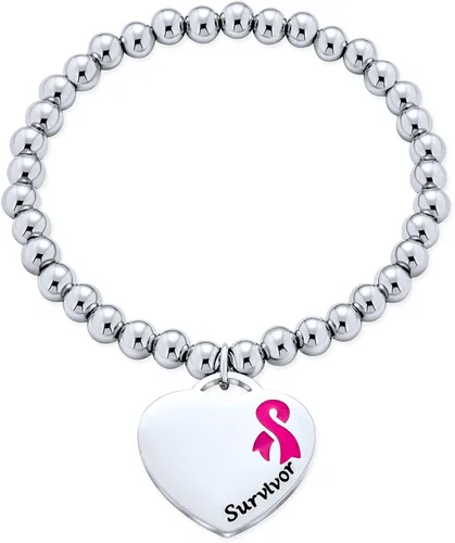 Vista 2 de Personalize - Pulsera elástica con forma de corazón para sobrevivientes de cáncer con cinta rosa grabable para mujeres, Esmalte Metal, otro