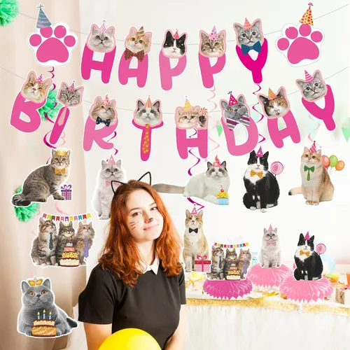 Vista 5 de Remolinos colgantes para fiesta de cumpleaños de gatos - NOVBAUB 20 unidades, encantadores suministros de fiesta de cumpleaños de gato rosa, centros
