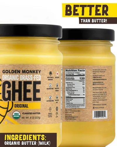 Vista 2 de GOLDEN MONKEY Mantequilla de ghee orgánica – Mantequilla clarificada alimentada con pasto para cocinar, hornear, keto y salud intestinal