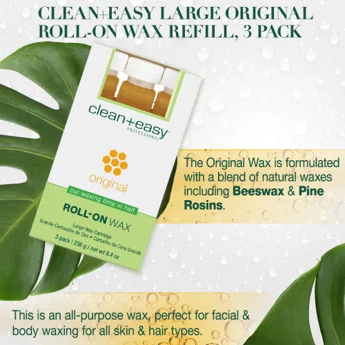 Vista 4 de Clean + Easy Cera original Roll On – Cartucho de recarga de cera suave grande para depilación suave en piernas, brazos y cuerpo, paquete de 3
