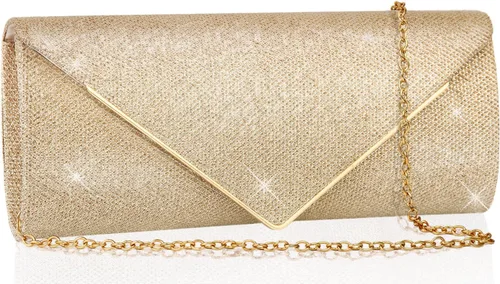 Vista 9 de Bolsos de mano para mujer, Bolso de sobre de noche con cadena desmontable, elegancia brillante Dorado