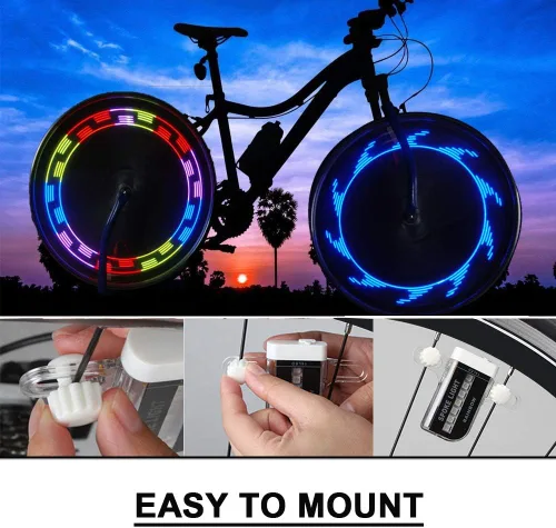 Vista 5 de Solhice 2 luces LED recargables para ruedas de bicicleta, luces impermeables para radios de bicicleta, 30 patrones de luces de neumáticos