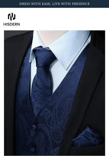 Vista 2 de HISDERN Conjunto de 3 piezas de chaleco formal para hombre, chaleco formal de cachemira floral jacquard corbata bolsillo cuadrado chalecos