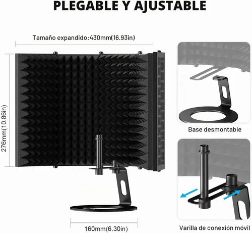 Vista 3 de Aokeo Escudo de aislamiento de micrófono, escudo de micrófono plegable con triple aislamiento acústico, filtro de reflexión con soporte roscado
