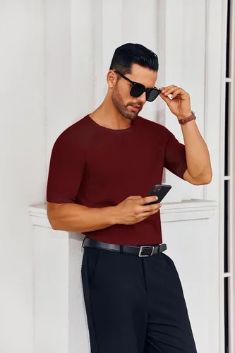 Vista 2 de Runcati Camiseta casual para hombre, elástica, de manga corta, de punto, ajustada, cuello redondo, suéter básico