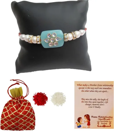 Vista 6 de Rakhi adulto Rakhi para hermano: Rakhi para Bhaiya: combo de mauli Rakhi hecho a mano con tarjeta de felicitación y Roli Chawal: Rakshabandhan