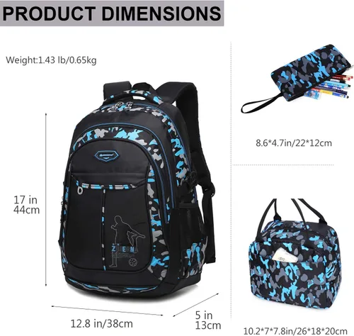 Vista 3 de Goldwheat Mochila para adolescentes y niños, juego de bolsas escolares de 3 piezas, Azul Patchwork, L, Mochila escolar