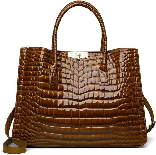 Vista 4 de Bolso de cuero genuino de las mujeres del bolso brillante del cocodrilo patrón de gran capacidad, bolso de viaje de un solo hombro