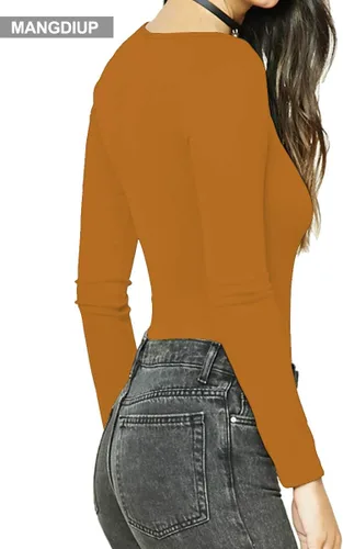 Vista 2 de Mono de Cuello Redondo de Manga Larga Elástico para Mujer Camello