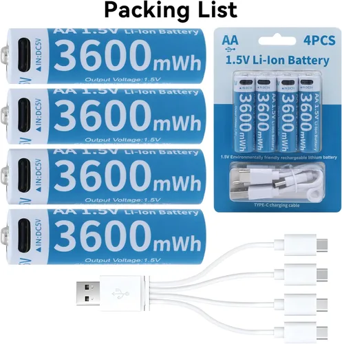 Vista 6 de Baterías de litio recargables AA, paquete de 4 baterías de iones de litio recargables USB-C de 1.5 V 3600 mWh con cargador USB a tipo C 4 en 1