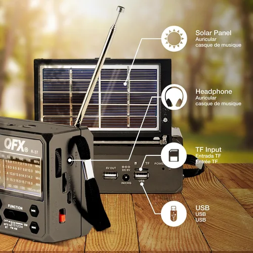 Vista 7 de QFX R-37 6-Band (AM, FM, SW1 - SW4) Linterna LED Bluetooth Radio solar (modelo 2021)