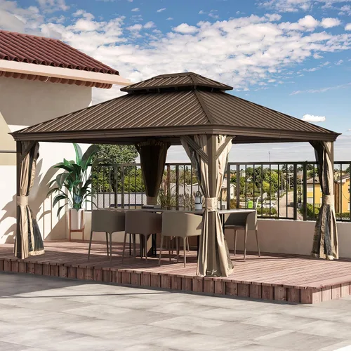 Vista 24 de Domi - Cenador de techo rígido de 8 x 8 pies con malla y cortinas, cenador para exteriores con techo doble de acero galvanizado para patio, césped