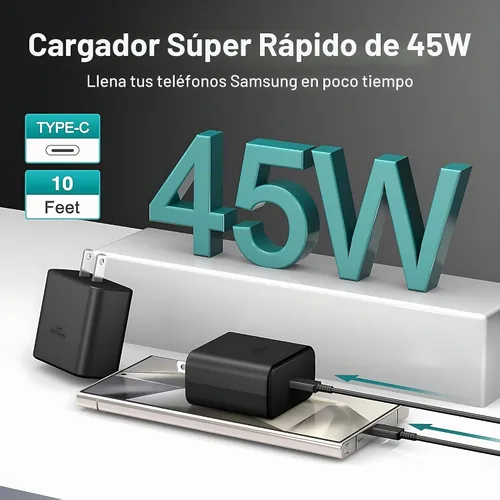 Vista 3 de Samsung - Cargador de teléfono súper rápido compatible con cargador rápido USB C de 45 W, cable de carga rápida de 10 pies tipo C para Samsung negro