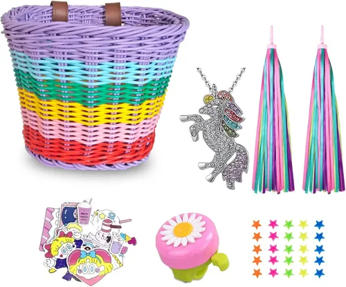 Vista 12 de Cesta de bicicleta para niños, cesta de mimbre, cesta de bicicleta para manillar para niñas con collar de unicornio, campana de bicicleta